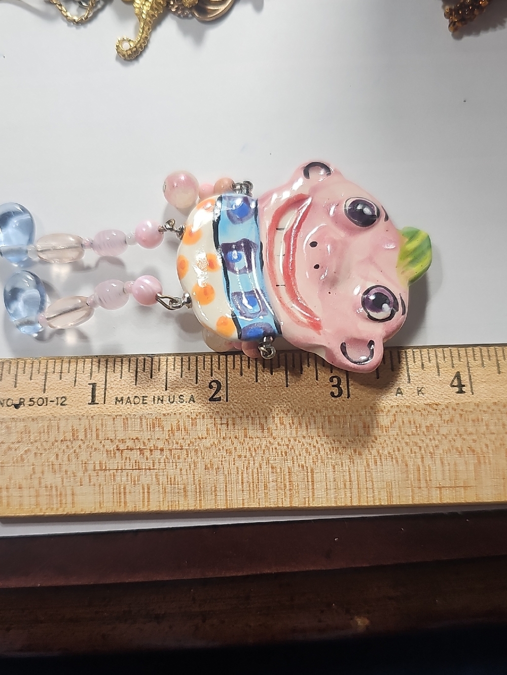 Whimsical Signed Hand-Painted Brooch - Pink, Blue, Orange - Picture 3 of 4
